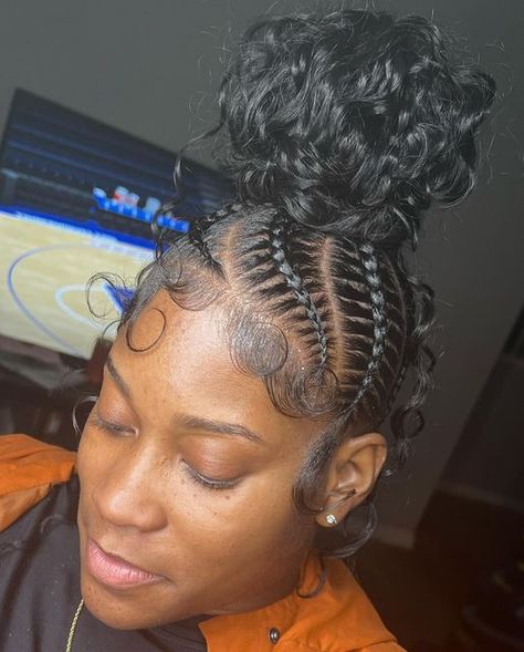 Braids Into Ponytail Black Women, Goddess Cornrows Buns, Feed In Braids Into Low Bun, Stitch Braids Into Bun, Feed In Braids Ponytail, Hair Braid Designs, Feed In Ponytail, Braided Hairstyles For Black Women Cornrows, Sleek Ponytail Hairstyles