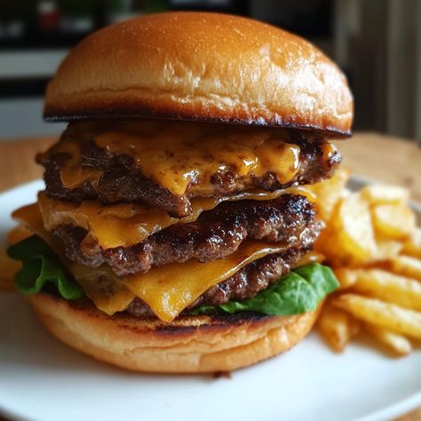 Lazy Double Smash Burger & Chips Recipe 🍔🍟 Ingredients: For the Double Smash Burgers: 1 lb ground beef (80/20 blend recommended) 🍖 Salt and pepper, to taste 🧂 4 slices of cheese (American or cheddar) 🧀 4 burger buns 🍞 Toppings: lettuce, tomato, pickles, ketchup, mustard, onions (as desired) 🥬🍅🥒 For the Chips: 2 large potatoes, cut into wedges or use frozen chips 🥔 2 tablespoons olive oil 🫒 Salt and pepper, to taste 🧂 1 teaspoon paprika (optional) 🌶️ Instructions: 1. Make the Chips: If using f... Mustard Onions, Burger And Chips, Smash Burgers, Food Plate, Smash Burger, Chips Recipe, Burger Buns, Recipe Ingredients, Healthy Foods