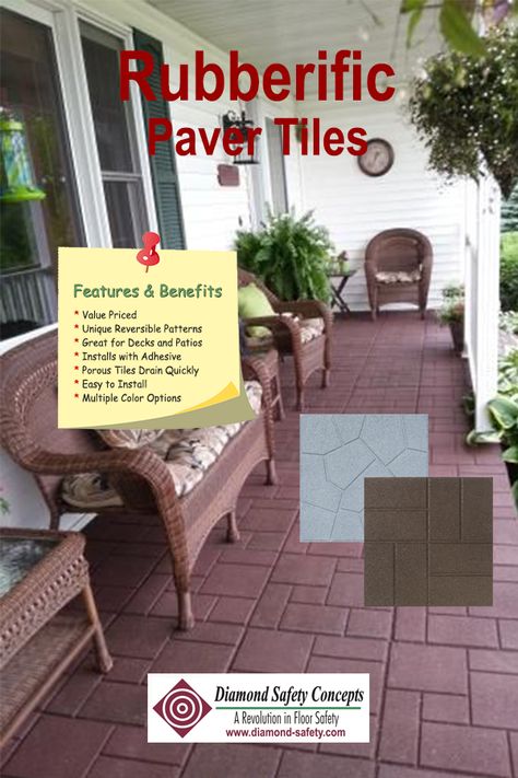 This rubber Paver Tile comes in a unique reversible format. On one side there is a basket weave brick pattern. The other side features a stone-top pattern that mimics flagstone. Made from 100% recycled rubber these tiles take only minutes to install, giving you years of maintenance-free beauty. Our Paver Tiles are designed for outdoor usage. They are suitable for all climate and weather conditions. #Recycled Rubber Pavers #Patio Tile #Rubber Decking #Reversible Rubber Paver Rubber Pavers Ideas Patio, Recycled Rubber Pavers, Outdoor Rubber Tiles, Rubber Pavers, Rubber Paver, Outdoor Tiles Floor, Pavers Patio, Climate And Weather, Paver Tiles