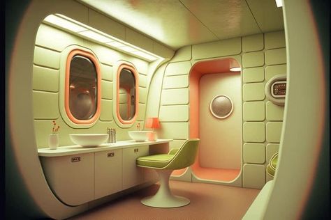 Retro Futurism Bathroom, Retro Futuristic Bathroom, Atomic Age Design Retro Futurism, Space Age Bathroom, Retro Futurism Interior Design, 70s Futurism, Retro Futurism Interior, Space Age Interior, Retro Futuristic Interior