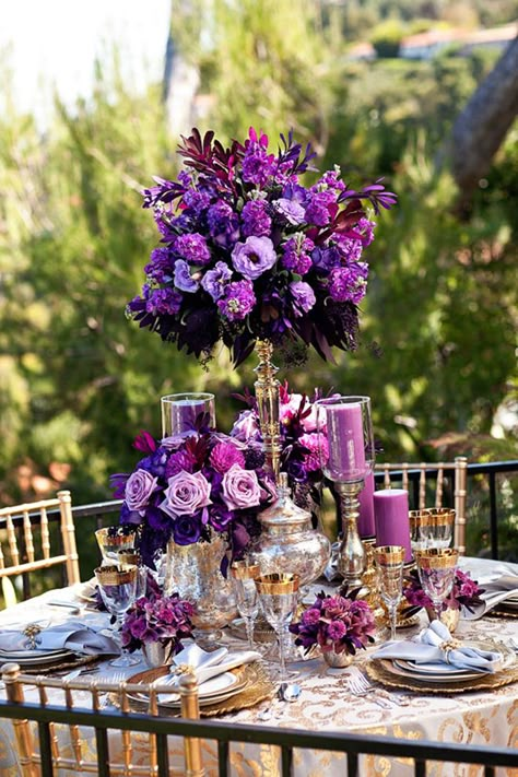 12 Stunning Wedding Centerpieces- Part 15 - Belle The Magazine Purple Decorations, Dark Purple Wedding, Purple Wedding Centerpieces, Purple And Gold Wedding, Flowers And Candles, Debut Ideas, Wedding Colors Purple, Wedding Purple, Fantasy Wedding