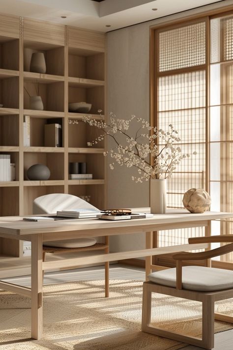 Japanese Home Office, Japandi Office Design, Japandi Bedroom Interior Design, Japanese Zen Interior, Japandi Home Office, Japandi House, Home Office Designs, Home Office Design Ideas, Japandi Living Room