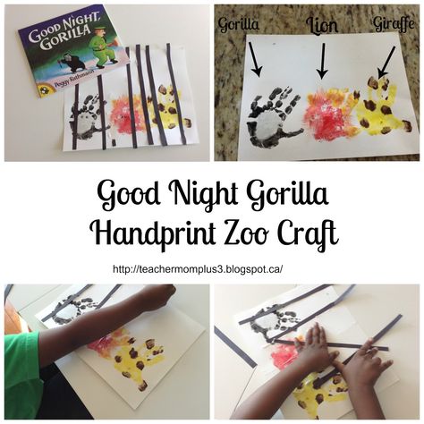 For todays tot-school activity my little man and I read Good Night Gorilla and did a hand print zoo animals. He loved the story and call... Goodnight Gorilla Craft Preschool, Gorilla Craft Preschool, Goodnight Gorilla Craft, Goodnight Gorilla Activities, Good Night Gorilla, Goodnight Gorilla, Storybook Crafts, Literacy Bags, Gorilla Craft