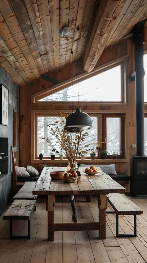 Cozy Elegance: 60 Scandinavian Cabin Interior Design You’ll Love – Decomagz Mountain Cabin Dining Room, Scandinavian Cabin Interior, Cabin Interior Ideas, Scandinavian Cabin, Barndominium Interior, Cabin Interior Design, Tiny House Loft, Cabin Interiors, Cabin Living