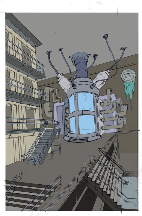 Image used to depict another variation of a containment chamber, displaying various pipes running to the walls and ceiling. Execution Chamber, Level Design, Design Board, Bad Guys, Travel Brochure, Board Design, Bad Guy, Concept Art, Romance