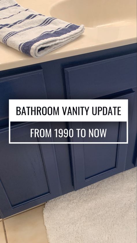 Bathroom vanity with cabinets painted a deep blue color. Painted Oak Bathroom Vanity, 90s Bathroom Vanity Makeover, Replacing Bathroom Vanity, Upgrade Bathroom Vanity, Old Bathroom Vanity Makeover, Updating Bathroom Vanity, Bathroom Vanity Cupboards, L Shaped Bathroom Vanity, Cabinets Fireplace