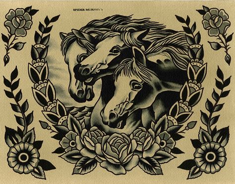 Horses Tattoo, Paul Dobleman, 3 Horses, Tattoo Traditional, Art Horse, Ink Watercolor, School Tattoo, Flash Art, Watercolor On Paper