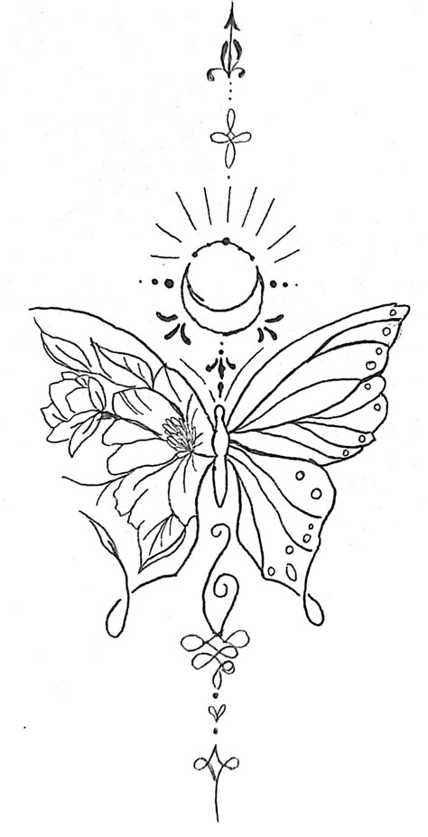 Butterfly Tattoo Spine Tat, Half Flower Half Butterfly Drawing, Butterfly Space Tattoo, Crystal Butterfly Drawing, Cosmic Butterfly Tattoo, Planet Flower Tattoo, Sun Moon Butterfly Tattoo, Magical Butterfly Tattoo, Butterfly With Date Tattoo