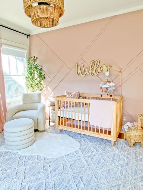 Peach Accent Wall Nursery, Light Pink Boho Nursery, Off Center Crib Nursery, Peachy Pink Nursery, Dusty Pink Nursery Wall, Peach Boho Nursery, Accent Wall Baby Girl Nursery, Wall Panel Nursery, Blush Pink Boho Nursery