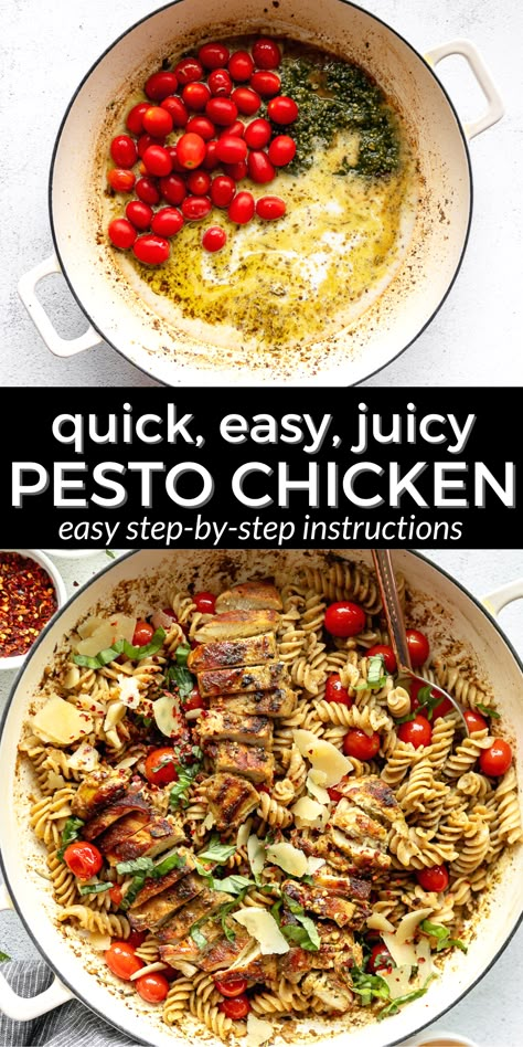 This quick and easy pesto chicken uses simple ingredients - including delicious basil pesto, heavy cream, and balsamic vinegar - to transform boring chicken breast into a delicious meal your entire family will love! Serve over pasta for a complete meal in just minutes. Basil Pesto Chicken Pasta, Easy Pesto Chicken, Pesto Chicken Recipe, Best Pesto, Pesto Pasta Recipes Chicken, Basil Pesto Chicken, Basil Pesto Pasta, Healthy Pesto, Chicken Pesto Recipes