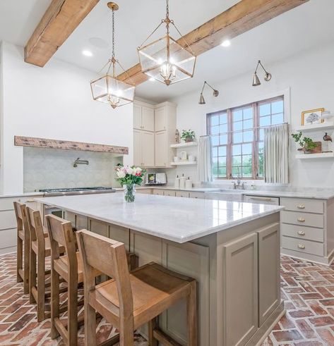 Brick Herringbone Kitchen Floor, Brick And Hardwood Floors, Split Brick Floor Kitchen, Kitchens With Brick Floors, Brick Floor Kitchen Farmhouse Style, Kitchen With Brick Floor, Brick Floors In Kitchen, Acadian Kitchen, Brick In Kitchen