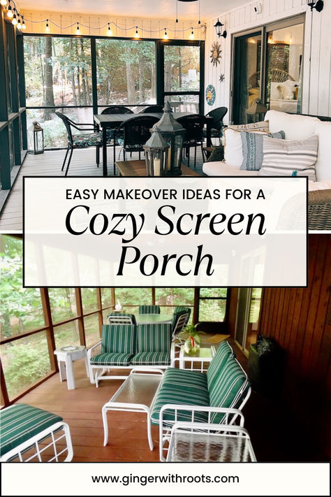 screen porch before and after makeover ideas Beach Screened In Porch, Screened In Back Patio Ideas, Painting Screened In Porch, Decorating A Screened In Porch, Decorating Screened In Porches, Inclosed Porch Decor, Screened In Porch With Grill, Small Screen Porch Decorating Ideas, Cozy Screened Porch