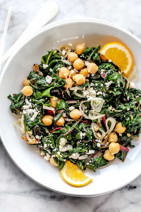 This Mediterranean Swiss chard and chickpeas recipe is packed with nutrition for a quick-cooked side dish that goes with everything. Swiss Chard Recipes, Chard Recipes, Prep Lunch, Foodie Crush, Chickpea Recipes, Swiss Chard, Mediterranean Diet Recipes, Veggie Dishes, Chard