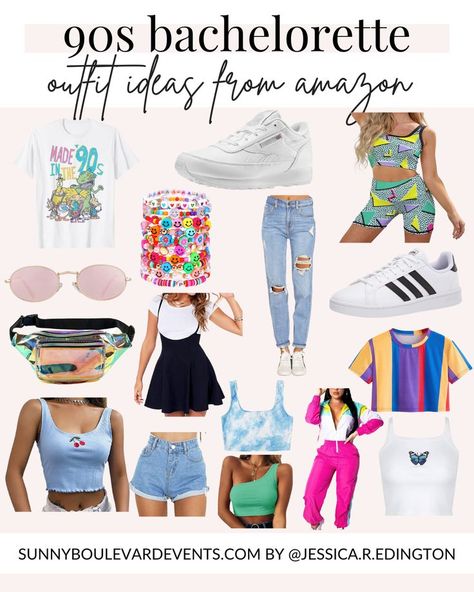 Planning a Bach to the 90s bachelorette party? I pulled together the best ideas for 90s bachelorette outfits for a 1990s throwback party. Featuring all the retro and nostalgic vibes, you can have a unique and fun 90s theme party with these Amazon finds! This pin includes 90s Party Outfit Ideas from AMAZON for a 30th birthday or 1990s throwback bachelorette party! Whether you are looking for a 90s windbreaker, 90s fashion ideas, colorful retro outfits, this pin is for you! 90s Themed 30th Birthday Party Outfit, 90s Bachelorette Party Outfit, 90s Theme Party Outfit Women, Outfit Ideas Friends, Colorful Retro Outfits, Bachelorette Party Makeup, 90s Invitation, 90s Fashion Ideas, 90s Photo Booth