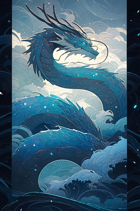 Chinese Water Dragon Art, Asian Dragon Drawing, Water Dragon Aesthetic, Eastern Dragon Art, Japanese Water Dragon, Water Dragon Art, Blue Dragon Art, Asian Dragon Art, Dragon Digital Art