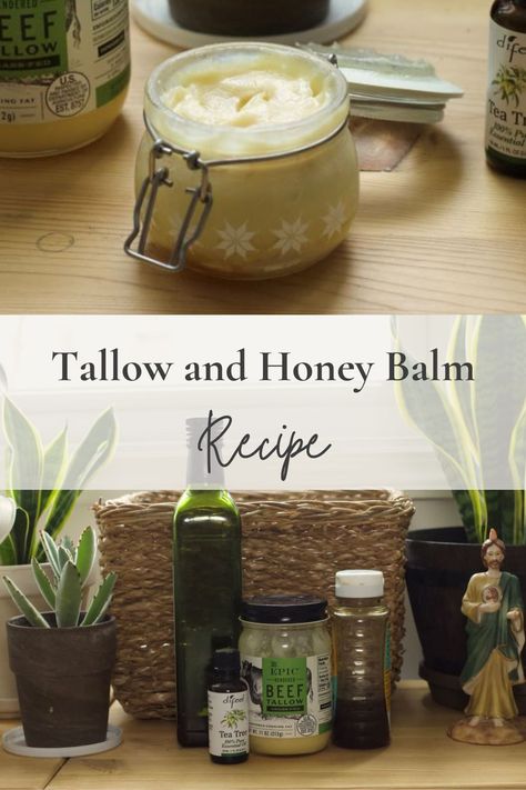 Tallow and Honey Balm Recipe - Sacred Hearth and Home Manuka Honey Tallow Balm, Honey Tallow Balm Recipe, Tallow And Honey Balm, Honey Skin Care Diy, Diy Tallow And Honey Face Cream, Tallow Honey Balm Recipe, Tallow Honey Face Cream, Diy Tallow Balm, Beef Tallow Skin Care Recipes