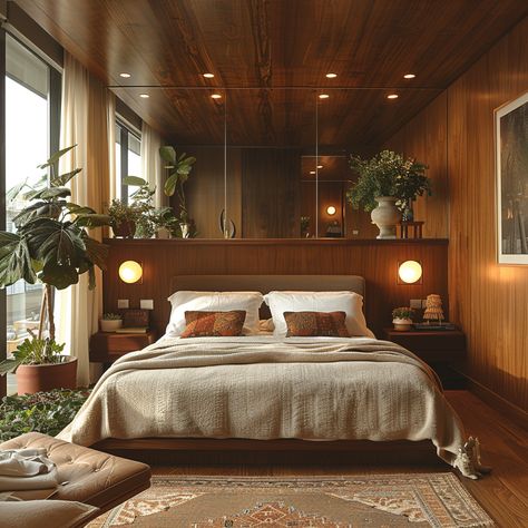 Moody Electric Bedroom, Cool Interior Design Bedroom, Bedroom With Walnut Floors, Brazilian Bedroom Aesthetic, Mid Century Modern Primary Bedroom, Luxury Eclectic Bedroom Design, Original Interior Design, Mid Century Modern Bedroom Set, Green Midcentury Bedroom