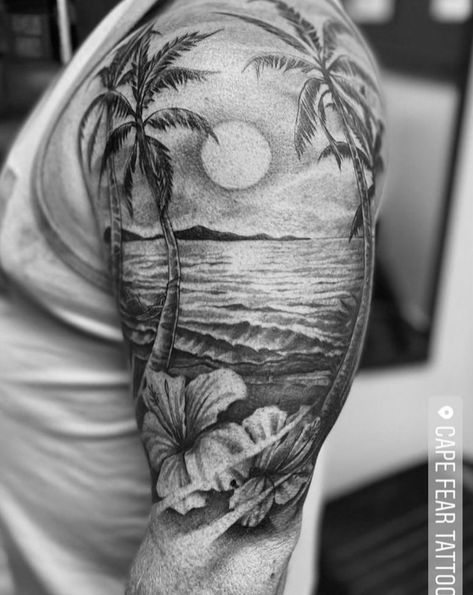 Ocean Beach Tattoo Ideas, Beach Shoulder Tattoo, Tropical Tattoo For Men, Ocean Scene Tattoo, Beach Scene Tattoo, Beach Theme Tattoos, Upper Half Sleeve Tattoos, Upper Arm Tattoos For Guys, Family Tattoos Ideas