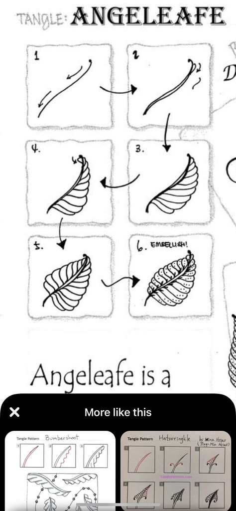 Leaf Drawing Pattern Zen Tangles, Zentangle Leaves Step By Step, Zentangle Leaves Pattern, Zentangle Leaf Patterns, Tangle Patterns Step By Step, Therapeutic Drawing, Doodle Journal Ideas, Zentangle Patterns Step By Step, Zen Drawing