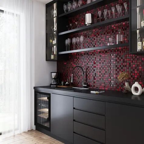 Apollo Tile 5 pack 11.3-in x 11.3-in Red Polished and Matte Finished Glass Mosaic Tile (4.43 Sq ft/case) - On Sale - Bed Bath & Beyond - 35757609 Glass Tile Crafts, Glass Tiles Kitchen, Red Backsplash, Carolina House, 2024 Kitchen, Matte Tile, Red Tiles, Glass Mosaics, Tile Crafts