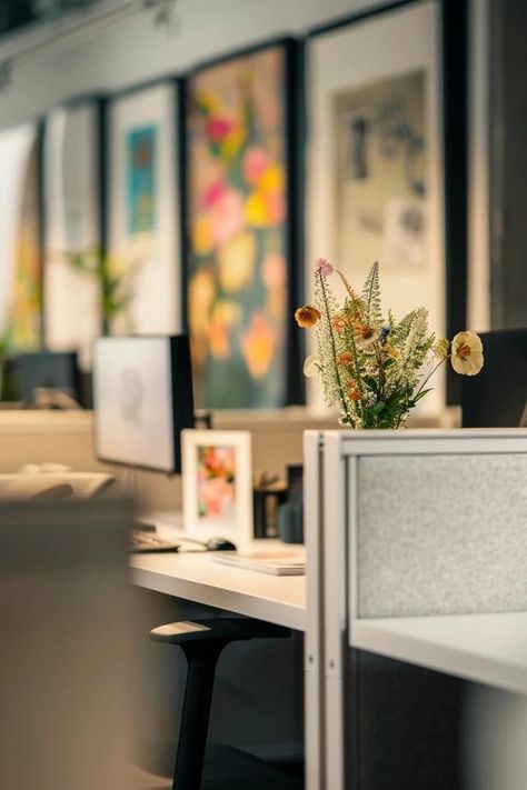 How To Hang Pictures On A Cubicle Wall: Personalizing Workspace Cute Cubical Ideas For Work, Cubicle Picture Display, Cubicle Wall Covering, Office Cubicle Aesthetic, Cozy Cubicle Ideas, Cubicle Decor Office Work Spaces, Cubicle Makeover Ideas, Desk Cubicle Decor, Cubicle Aesthetic