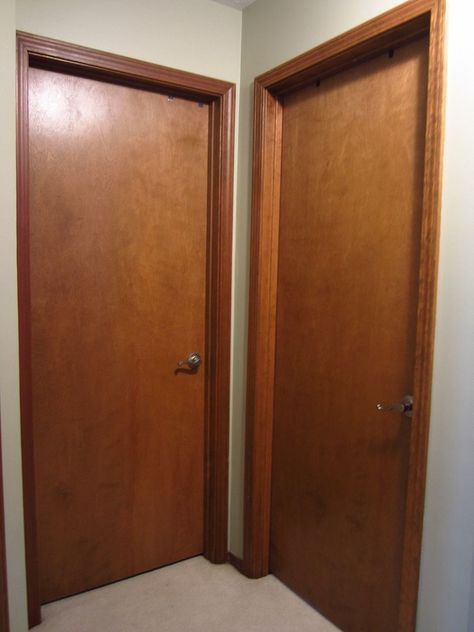 Replacing Trim Around Doors, Trim Around Doors Interior, Staining Interior Doors, How To Update Interior Doors, Update Interior Doors Diy, Updating Interior Doors Diy, Inside Doors Ideas Interiors, Updating Interior Doors, Mid Century Interior Doors