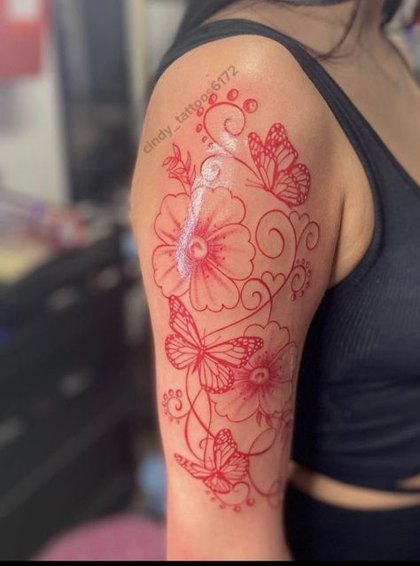 Red Ink Flower Tattoo Arm, Black And Red Tattoo Sleeve For Women, Red Thigh Tattoos Black Women, Red Female Tattoo, Red Half Sleeve Tattoos For Women, Red Ink Shoulder Tattoo, Red Thigh Tattoos Women, Red Ankle Tattoo, Pretty Shoulder Tattoos