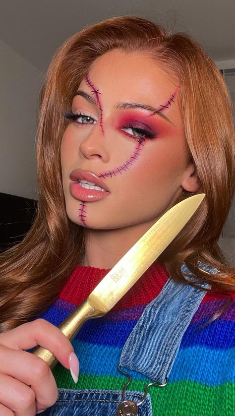 Sam ♡ | Wanna play 🔪 #chucky #chuckymakeup #chuckycosplay #halloween #halloweenmakeup | Instagram Halloween Easy Makeup Ideas, Diy Chucky Costume, Halloween Easy Makeup, Leopard Makeup Halloween, Jigsaw Makeup, Halloween School Activities, Halloween Women Makeup, Chucky Face, Chucky Makeup