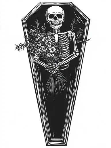 ↑↑↑ Larger size on website 🔸 A black and white illustration of a skeleton lying in a coffin, holding a bouquet of flowers. The sk Coffin Art Illustration, Skull In Coffin Tattoo, Coffin Illustration, Skeleton In Coffin Art, Skeleton In A Coffin, Skeleton In Coffin, Holding A Bouquet Of Flowers, Holding A Bouquet, A Bouquet Of Flowers