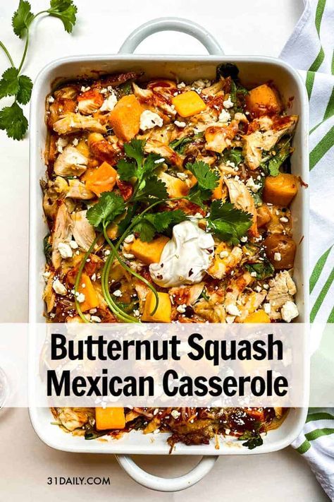 This easy, crowd pleasing Butternut Squash Mexican Enchilada Casserole is packed with flavor, vegetables, and bubbling with enchilada sauce and melty cheese. Easy Butternut Squash Mexican Casserole with Chicken and Kale | 31Daily.com #casserole #maindish #weeknightdinner #kale #chicken #blackbeans #enchiladas #Mexican #31Daily Mexican Enchilada Casserole, Ble Recipes, Mexican Enchiladas, 31 Daily, Easy Butternut Squash, Butternut Squash Cubes, Chicken And Butternut Squash, Mexican Casserole, Enchilada Casserole