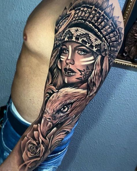 Tattoo Maury, Wolf Girl Tattoos, Native Indian Tattoos, Indian Girl Tattoos, Tattoo Indian, India Tattoo, Voll Arm-tattoos, Headdress Tattoo, American Indian Tattoos