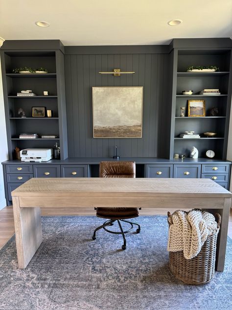 Pismo Reclaimed Wood Console Desk curated on LTK Desk Not Facing Wall, Office With Desk In Middle Of Room, Dining Room Office Conversion, Office Built Ins With Desk, Office Interior Design Corporate, Moody Office Inspiration, Desk In Front Of Window, Home Office Built Ins With Desk, Lakehouse Remodel