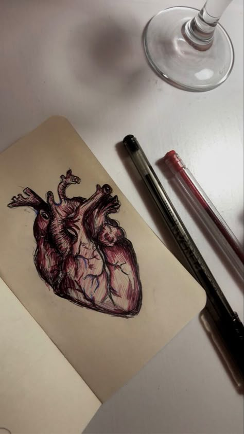 Heart Drawing On Book Page, Atomically Correct Heart Drawing, Drawing A Human Heart, Heart Real Drawing, Graphic Design Drawing Sketch, How To Draw A Real Heart, Human Heart Drawing Aesthetic, Real Heart Sketch, Real Heart Anatomy