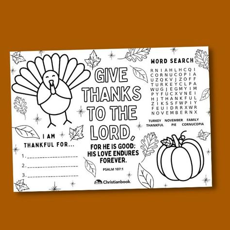 Free Download Thanksgiving Placemat for Kids - Christianbook.com Thanksgiving Printables Free Kids Placemat, Thanksgiving Placemat Free, Thanksgiving Placemat, Printable Placemat, Activity Placemat, Free Thanksgiving Printables, Thanksgiving Placemats, Thanksgiving Activity, Placemats Kids