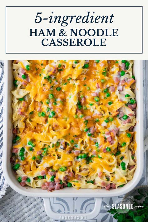 This ham and noodle casserole is an easy one-dish meal that takes advantage of your delicious leftovers! While the base of the recipe only requires 5 simple ingredients, there are plenty of optional additions to make it your own -- from extra veggies like peas or broccoli, to a crunchy Ritz cracker topping. Use what you have in your kitchen! Ham And Pea Casserole, Ham And Noodles Casserole, Ham Noodle Casserole, Ham And Noodles, Leftover Ham Recipes Casseroles, Egg Noodle Dishes, Ritz Cracker Topping, Healthy Ham, Ham And Noodle Casserole