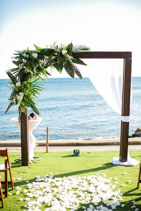 palm trees, palm tree decor, wedding decor, isnpiration, tropical, caribbean, palm leaves, green, fresh, wedding decor Simple Tropical Wedding Arch, Tropical Wedding Arbor, Green And White Beach Wedding, Arbour Arrangement, Tropical Wedding Arch, Tropical Arch, Beach House Kauai, S Waves, Beach Wedding Arch