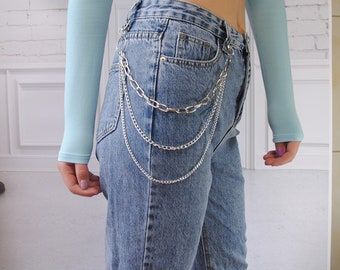 Chains for jeans | Etsy Chains For Jeans, Punk Trousers, Luxury Swimsuits, Pants Chain, Body Chain Harness, Hipster Jeans, Pant Chains, Belt Chain, Chain Bra