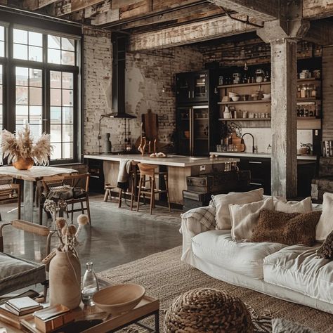 Loft Color Palette, Cozy Industrial Living Room, Industrial Style House, Loft Style Living Room, Loft Vibes, Chic Shack, Nyc Loft, Warehouse Living, Chic Loft