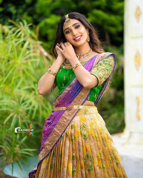 Poses In Half Saree For Photoshoot, Half Saree Outdoor Stills, Poses In Half Saree, Half Saree Stills Indoor, Half Saree Photoshoot Poses, Half Saree Poses Photoshoot Ideas, Half Saree Function Stills, Saree Function Stills, Puberty Poses