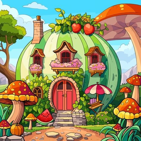 Small Stories For Kids, Watermelon Cartoon, Story Drawing, Boho Art Drawings, Bunny Drawing, Fairy Coloring Pages, Portrait Cartoon, Fairy Coloring, Mushroom House