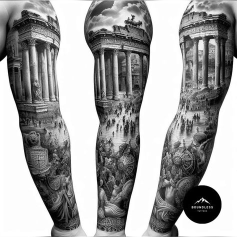 Inner Arm Tattoo For Men Ideas, Cool Animal Tattoos, Black Crow Tattoos, Arm Tattoos Black, Tattoo Perna, Warrior Tattoo Sleeve, Tattoo Pierna, Roman Tattoo, Gladiator Tattoo