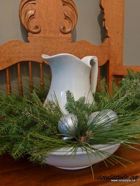 White-Pitcher-with-greens Pitcher And Bowl Repurpose, Bowl And Pitcher Decor, Decorating With Pitchers, Pitcher And Bowl Decor Ideas, Winter Decorating After Christmas, Country Christmas Diy, Quiet Christmas, White Pitchers, Jug Decor