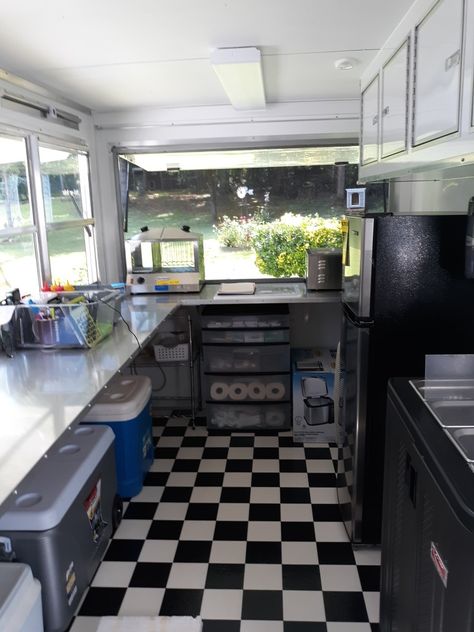 Inside Food Trailer, Beverage Trailer Interior, Camper To Food Truck, Coffee Truck Interior Layout, Food Truck Interior Ideas, Bakery Truck Ideas, Mobile Coffee Shop Interior, Food Truck Organization Ideas, Coffee Trailer Interior Design