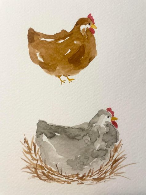 Watercolour Chickens Hens, Simple Animal Watercolor, Watercolor Chicken Tutorial, Watercolor Chickens, Watercolor Birds Tutorial, Chicken Watercolor, Watercolor Chicken, Watercolor Calendar, Watercolor Paintings For Beginners