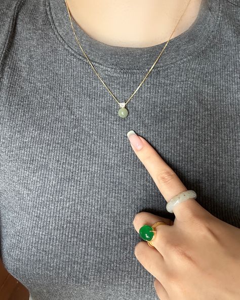 Let jade’s serene green charm elevate your everyday style☀️ #jade #jadering #rings #necklace Jade Jewelry Aesthetic, Rings Necklace, Jade Necklace, Jade Ring, Jade Jewelry, Everyday Style, Scrunchies, Jade, Gold Necklace