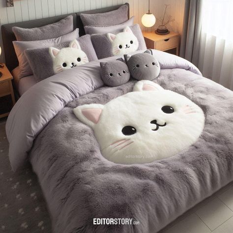 Fluffy Cat Bedding Set | Creative Design for the Ultimate Cat-Themed Bedroom Cat Bedding Set, Cat Themed Bedroom Girl Rooms, Comforter Sets Ideas, Cat Themed Room Decor, Cat Theme Bedroom, Bedroom With Cat, Cat Theme Room, Bedroom Decor Ceiling, Animal Lover Bedroom