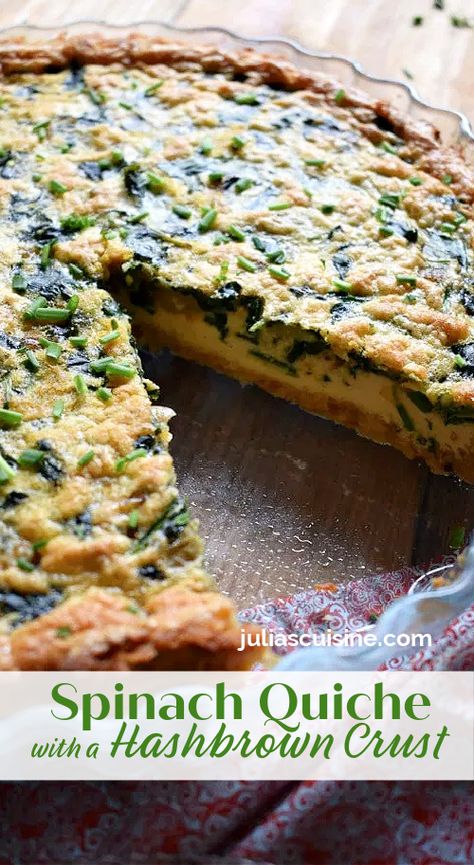 Spinach Quiche with a Hash Brown Crust Hashbrown Crust, Mushroom And Spinach Quiche, Quiche With Hashbrown Crust, Veggie Quiche, Cooking Friends, Quiche Recipes Easy, Spinach Quiche, Hashbrown Recipes, Breakfast Quiche