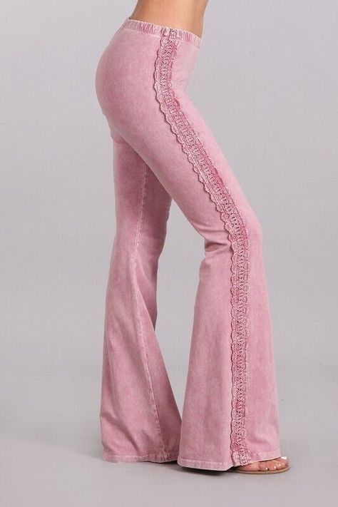 Another Beautiful Creation from Chatoyant! Mineral washed bell bottom pants with crochet lace on side seam and elastic waist.  Each item is hand-dyed, should expect variations. American made Cotton/Spandex 93/7 Jersey  Made in USA  Stay Sexy! Diy Lace Jeans, Pink Bell Bottoms, Lace Bell Bottoms, Trouser Pattern, Lace Jeans, Crochet Pants, Soft Pants, Jeans Diy, Pink Jeans