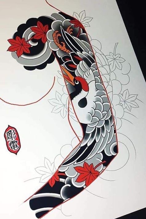 Japanese Crane Tattoo Sleeve, Japanese Traditional Leg Sleeve, Pez Koi Tattoo, Mascara Oni, Dragon Tattoo Sketch, Alice And Wonderland Tattoos, Art Inspired Tattoos, Crane Tattoo, Japanese Flower Tattoo