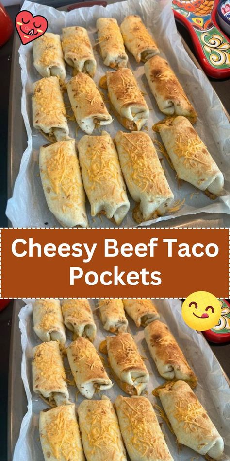 A fun and convenient twist on traditional tacos, these pockets are made by filling dough with a savory mixture of seasoned ground beef and melted cheese, then baking until golden. They're perfect for on-the-go meals or snacks. Taco Rolls Tortilla, Taco Meat Recipes With Biscuits, Ground Beef Roll Ups, Tacos Recipes Beef Ground, Easy Hamburger Recipes Ground Beef, Taco Roll Ups Tortilla, Taco Ideas For Dinner Ground Beef, Cheesy Beef Roll Ups, Beefy Cheesy Roll Ups